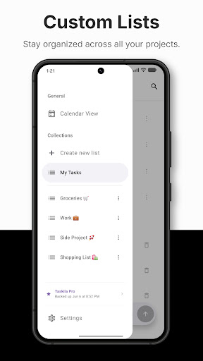Side menu showing multiple custom lists including Groceries, Work, and Shopping List