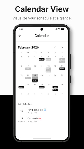 Monthly calendar view with tasks marked on their scheduled days