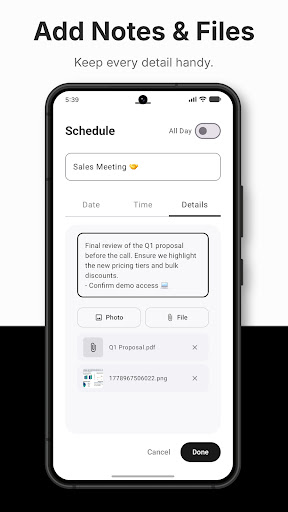 Task detail screen for adding notes, photos, and file attachments