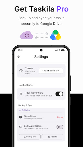 Settings screen showing Taskila Pro backup and sync to Google Drive
