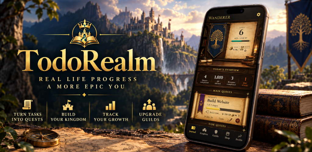TodoRealm key art: a castle on a cliff at golden hour beside the app's Quest Journal, showing level, XP, gold and an active main quest
