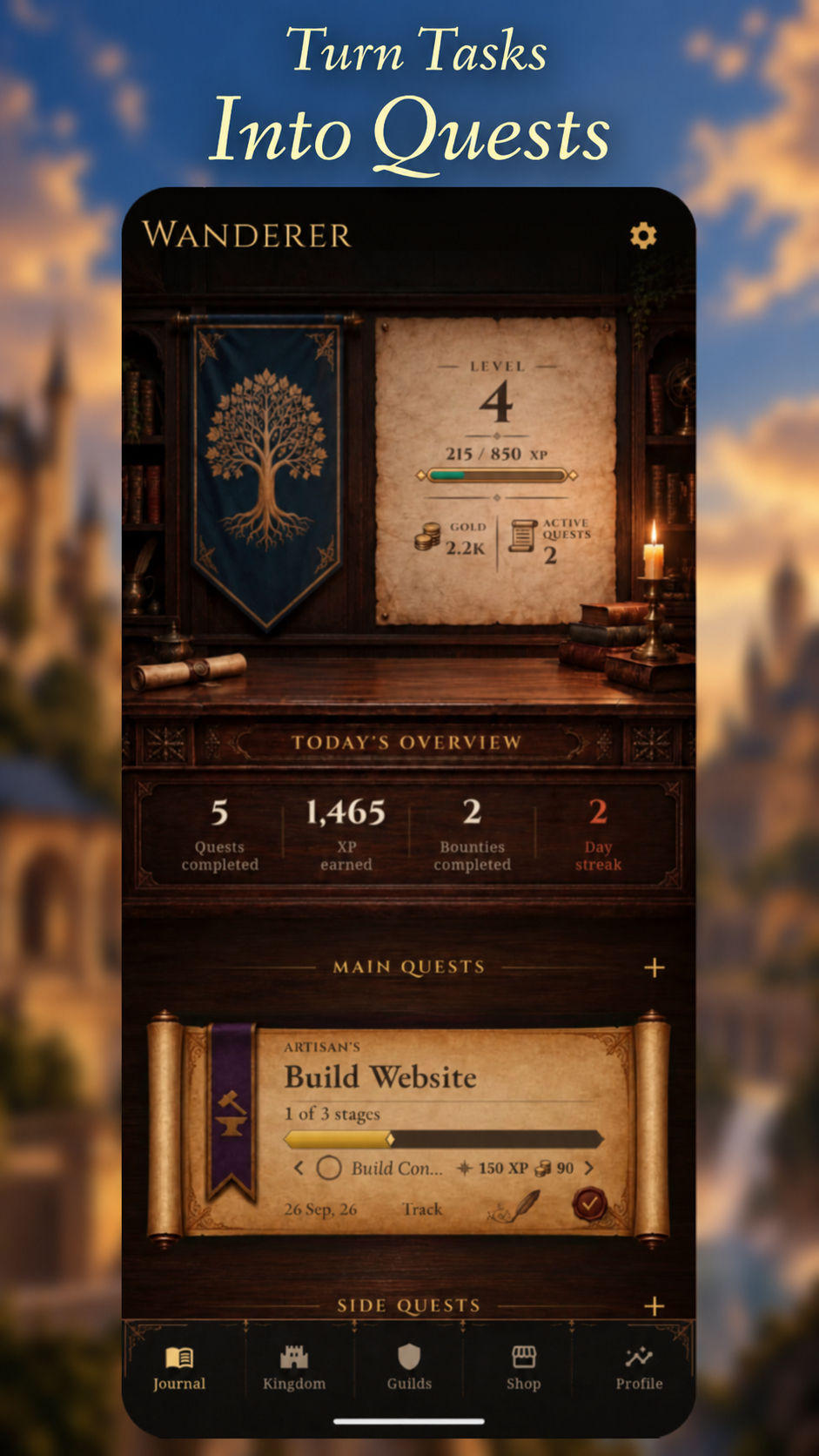 The Journal: level, XP, gold and active quests above a daily overview, with main quests and side quests listed on parchment scrolls below