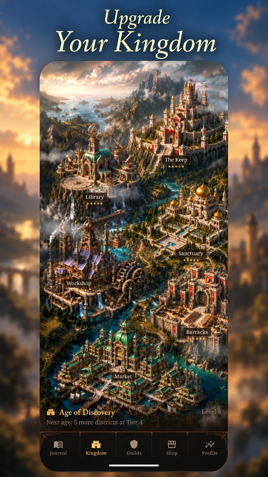 The kingdom map, an illustrated realm whose districts have developed to different tiers